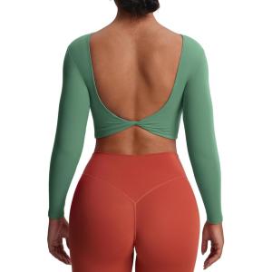 imageAoxjox Long Sleeve Crop Tops for Women Emma Twist Back Workout Cropped T Shirt TopSage Green