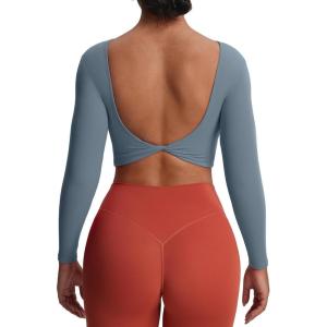 imageAoxjox Long Sleeve Crop Tops for Women Emma Twist Back Workout Cropped T Shirt TopSteel Blue