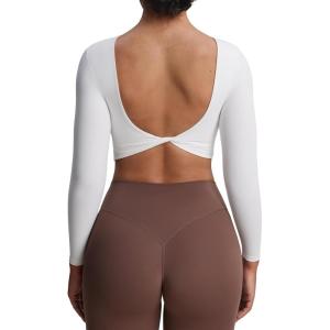 imageAoxjox Long Sleeve Crop Tops for Women Emma Twist Back Workout Cropped T Shirt TopWhite