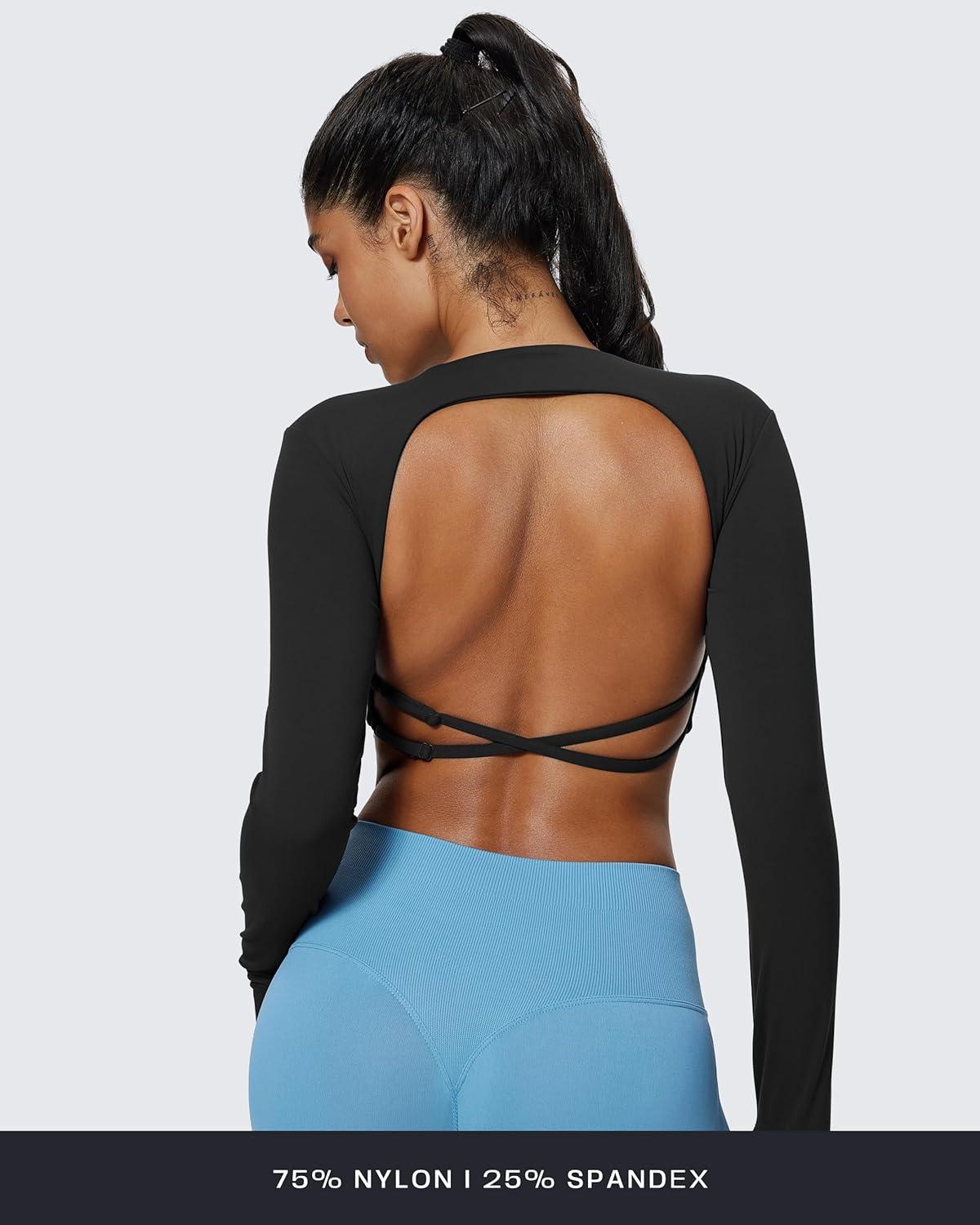 imageAoxjox Long Sleeve Deep V Crop Tops for Women Sienna Open Back Thumb Hole Workout Cropped T Shirt TopBlack