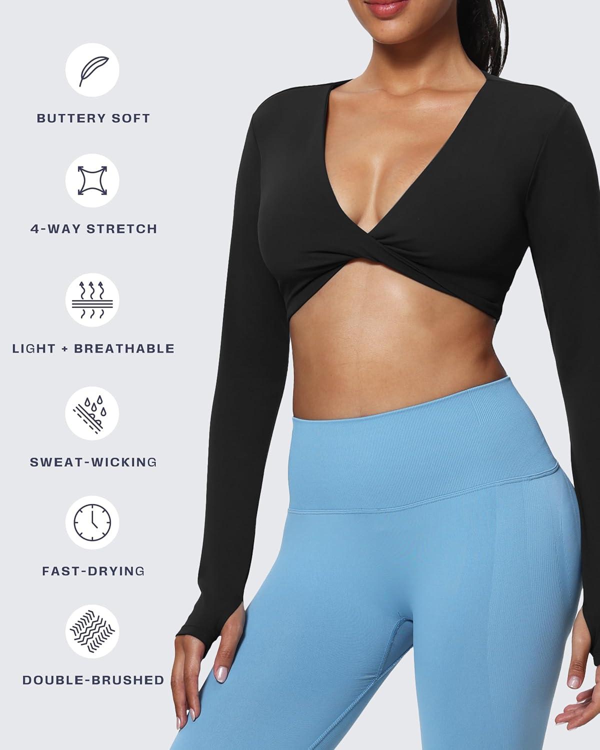 imageAoxjox Long Sleeve Deep V Crop Tops for Women Sienna Open Back Thumb Hole Workout Cropped T Shirt TopBlack