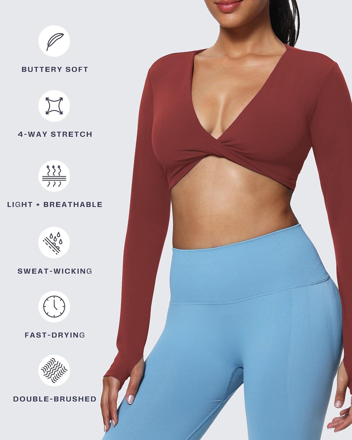 imageAoxjox Long Sleeve Deep V Crop Tops for Women Sienna Open Back Thumb Hole Workout Cropped T Shirt TopBurgundy