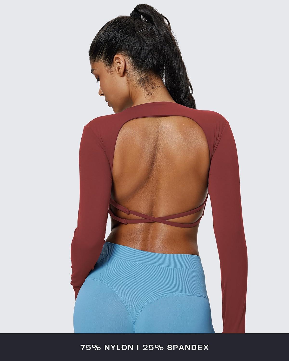 imageAoxjox Long Sleeve Deep V Crop Tops for Women Sienna Open Back Thumb Hole Workout Cropped T Shirt TopBurgundy