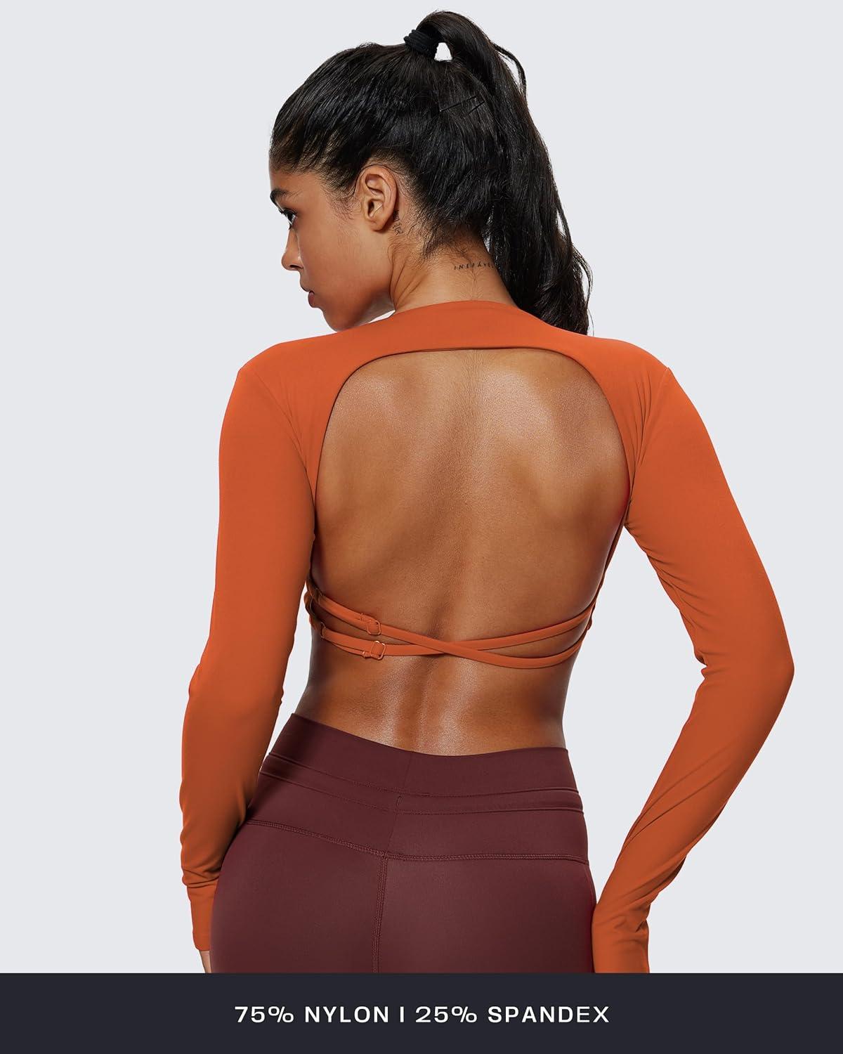 imageAoxjox Long Sleeve Deep V Crop Tops for Women Sienna Open Back Thumb Hole Workout Cropped T Shirt TopEarthy Brown
