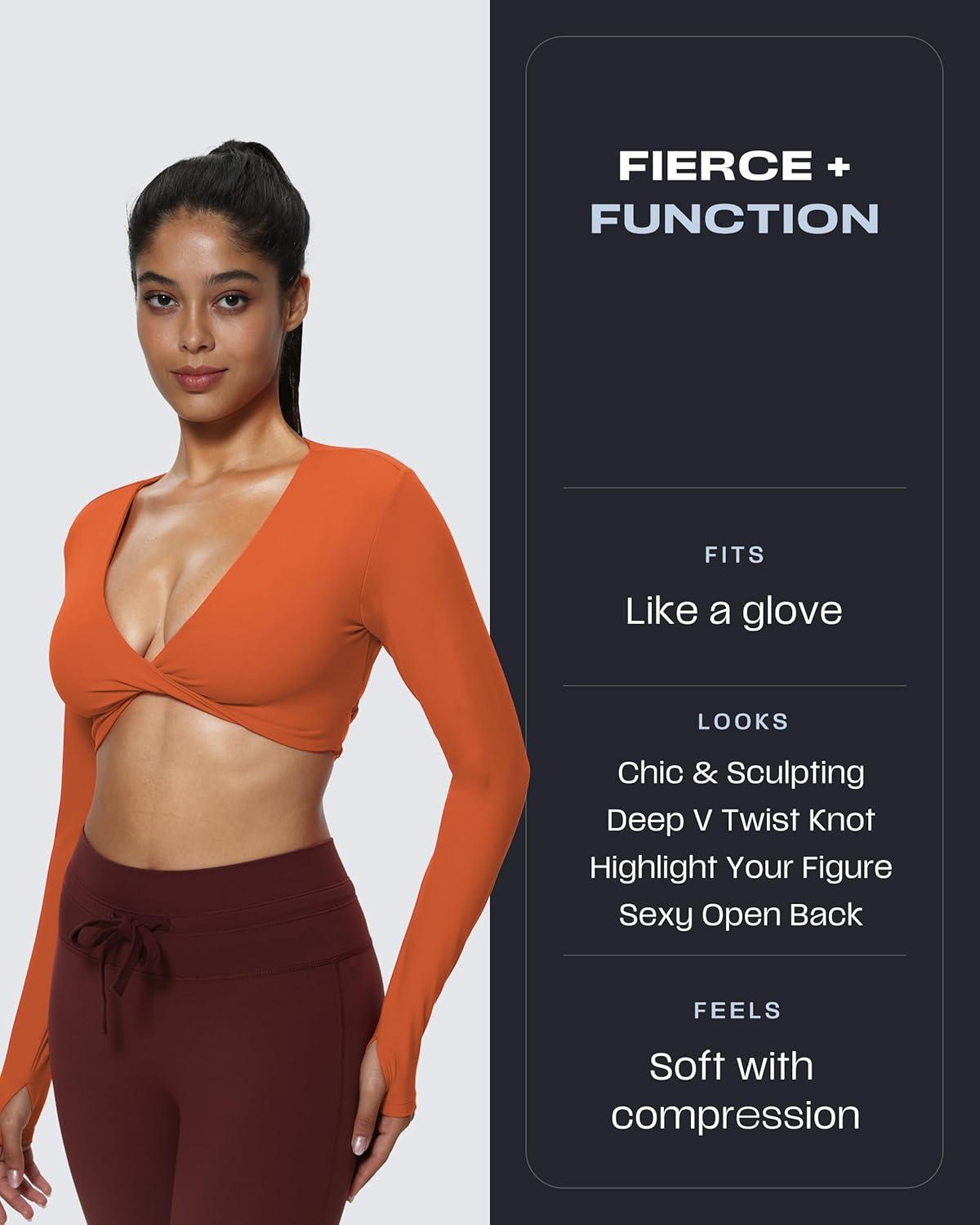 imageAoxjox Long Sleeve Deep V Crop Tops for Women Sienna Open Back Thumb Hole Workout Cropped T Shirt TopEarthy Brown