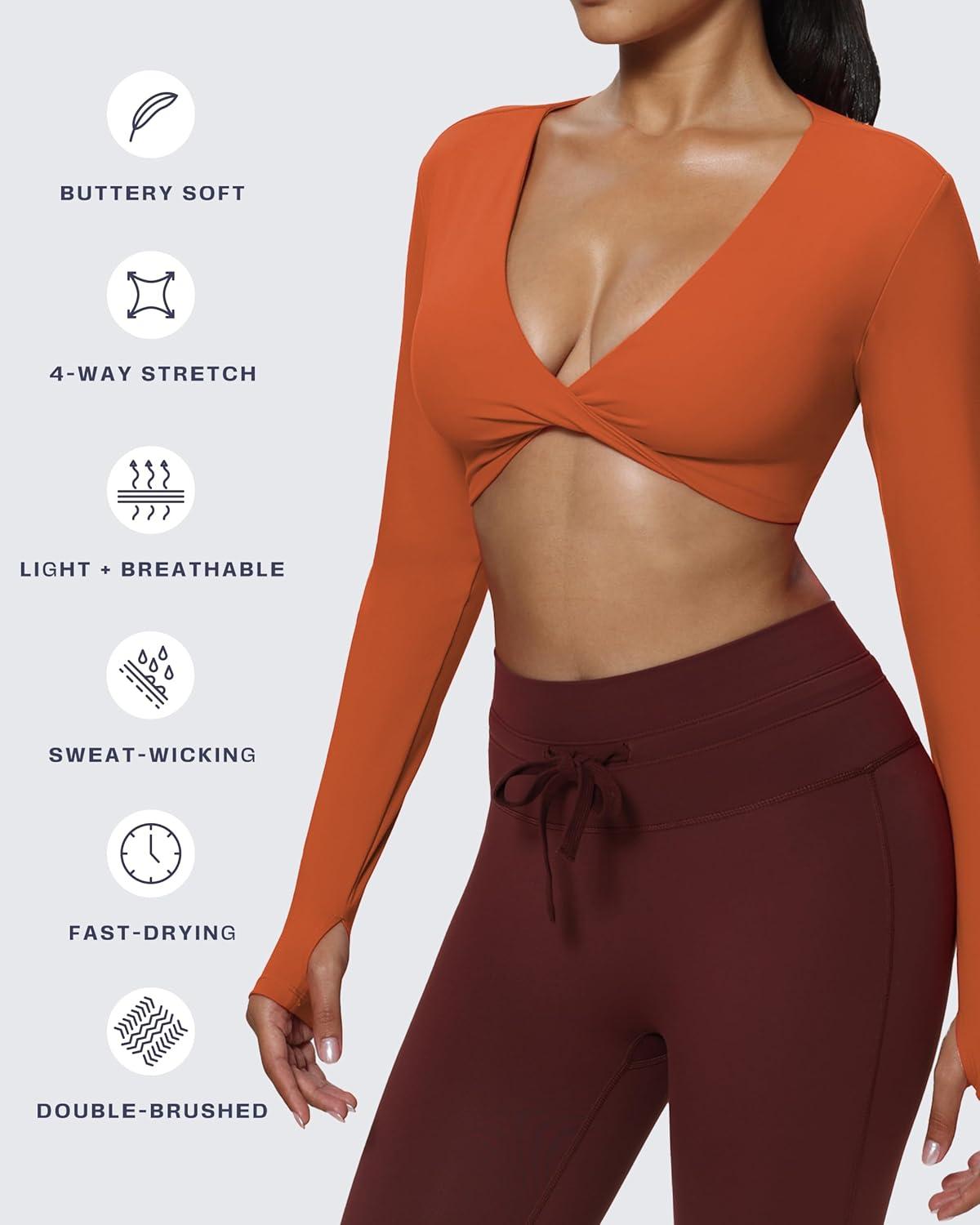 imageAoxjox Long Sleeve Deep V Crop Tops for Women Sienna Open Back Thumb Hole Workout Cropped T Shirt TopEarthy Brown