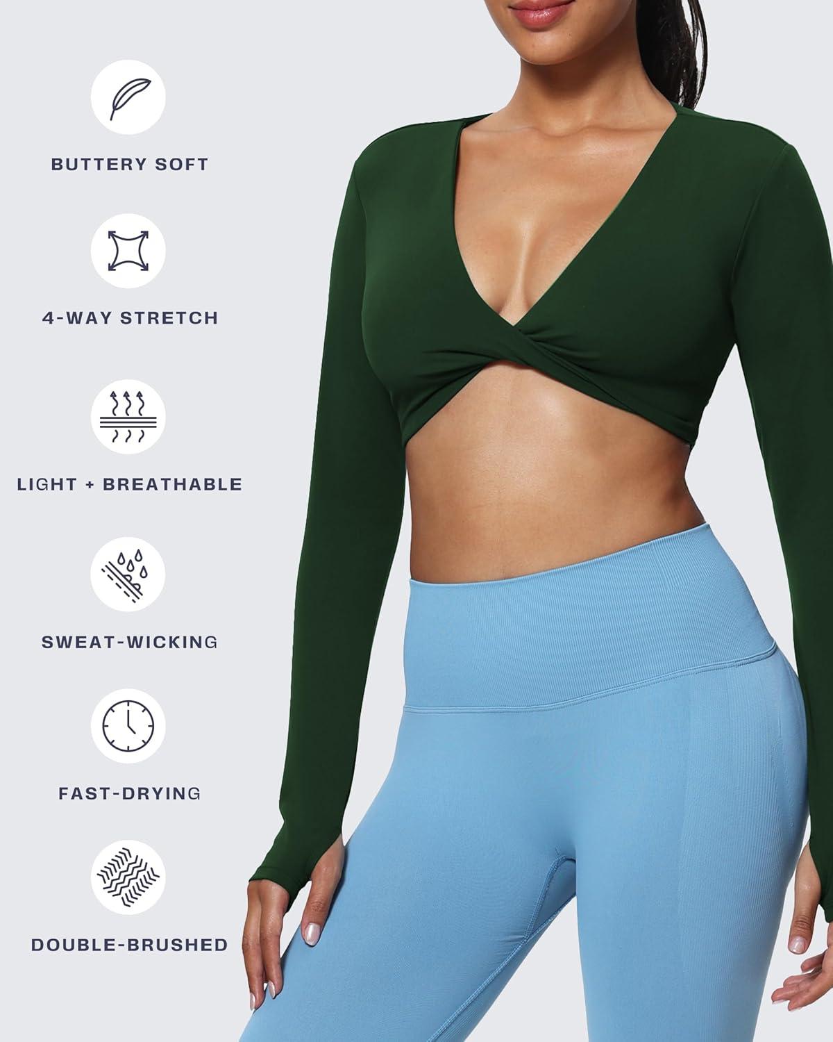 imageAoxjox Long Sleeve Deep V Crop Tops for Women Sienna Open Back Thumb Hole Workout Cropped T Shirt TopForest Green