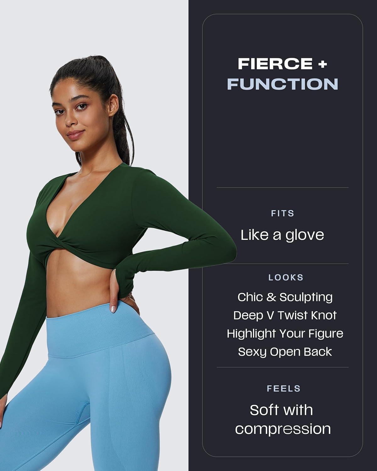 imageAoxjox Long Sleeve Deep V Crop Tops for Women Sienna Open Back Thumb Hole Workout Cropped T Shirt TopForest Green