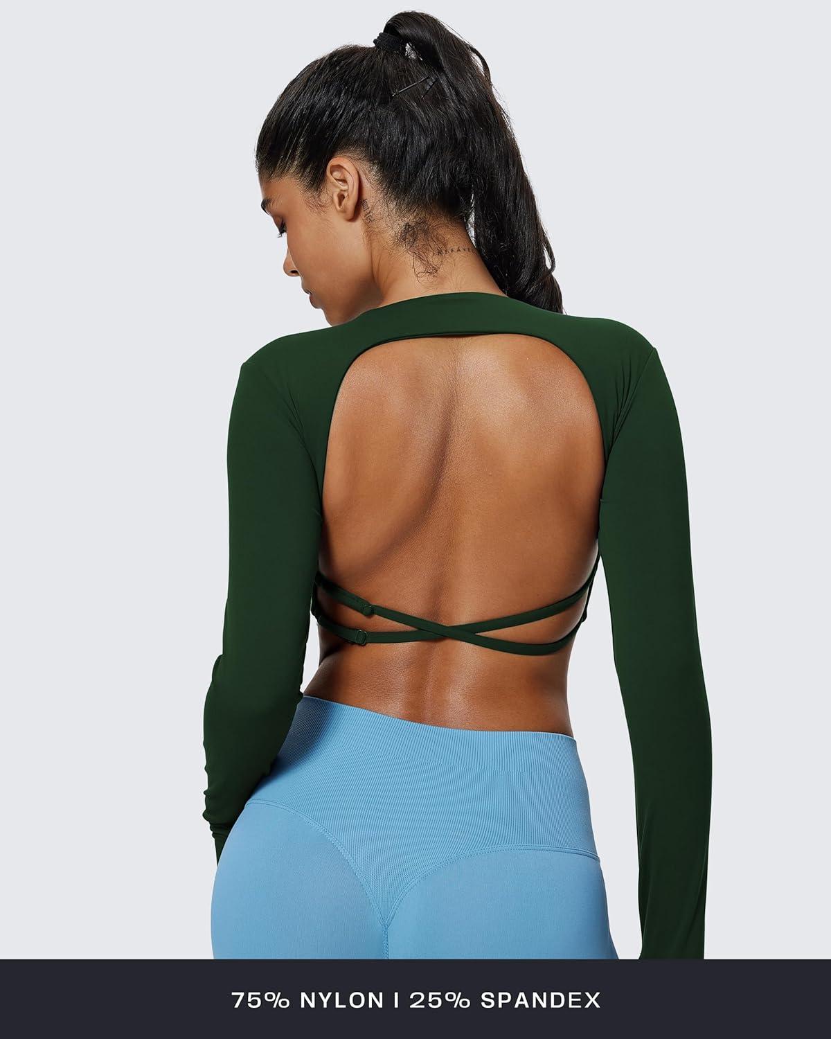 imageAoxjox Long Sleeve Deep V Crop Tops for Women Sienna Open Back Thumb Hole Workout Cropped T Shirt TopForest Green