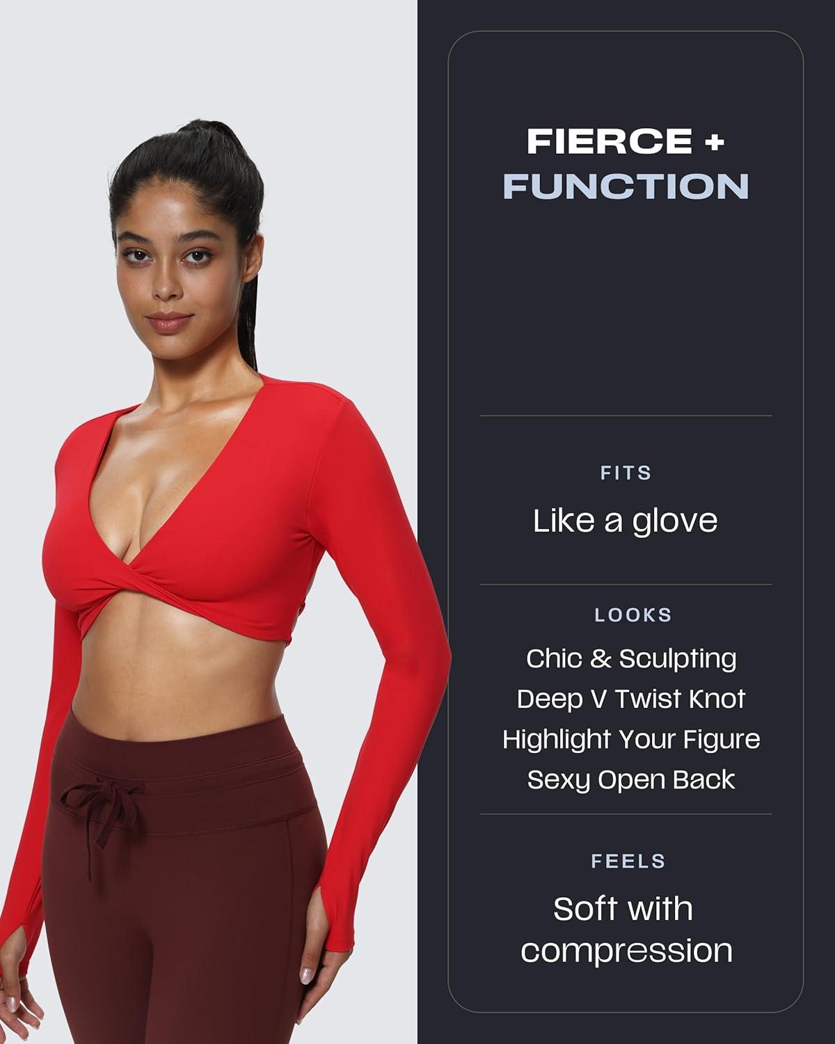 imageAoxjox Long Sleeve Deep V Crop Tops for Women Sienna Open Back Thumb Hole Workout Cropped T Shirt TopRacing Red