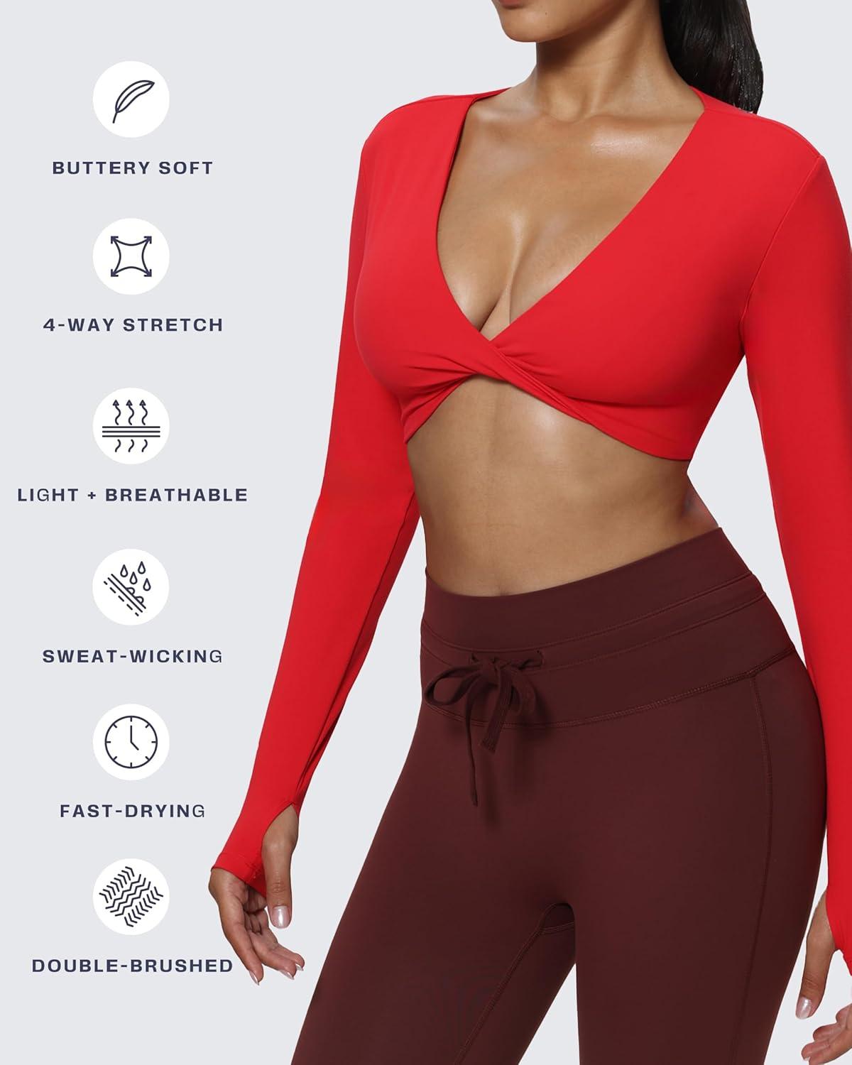 imageAoxjox Long Sleeve Deep V Crop Tops for Women Sienna Open Back Thumb Hole Workout Cropped T Shirt TopRacing Red