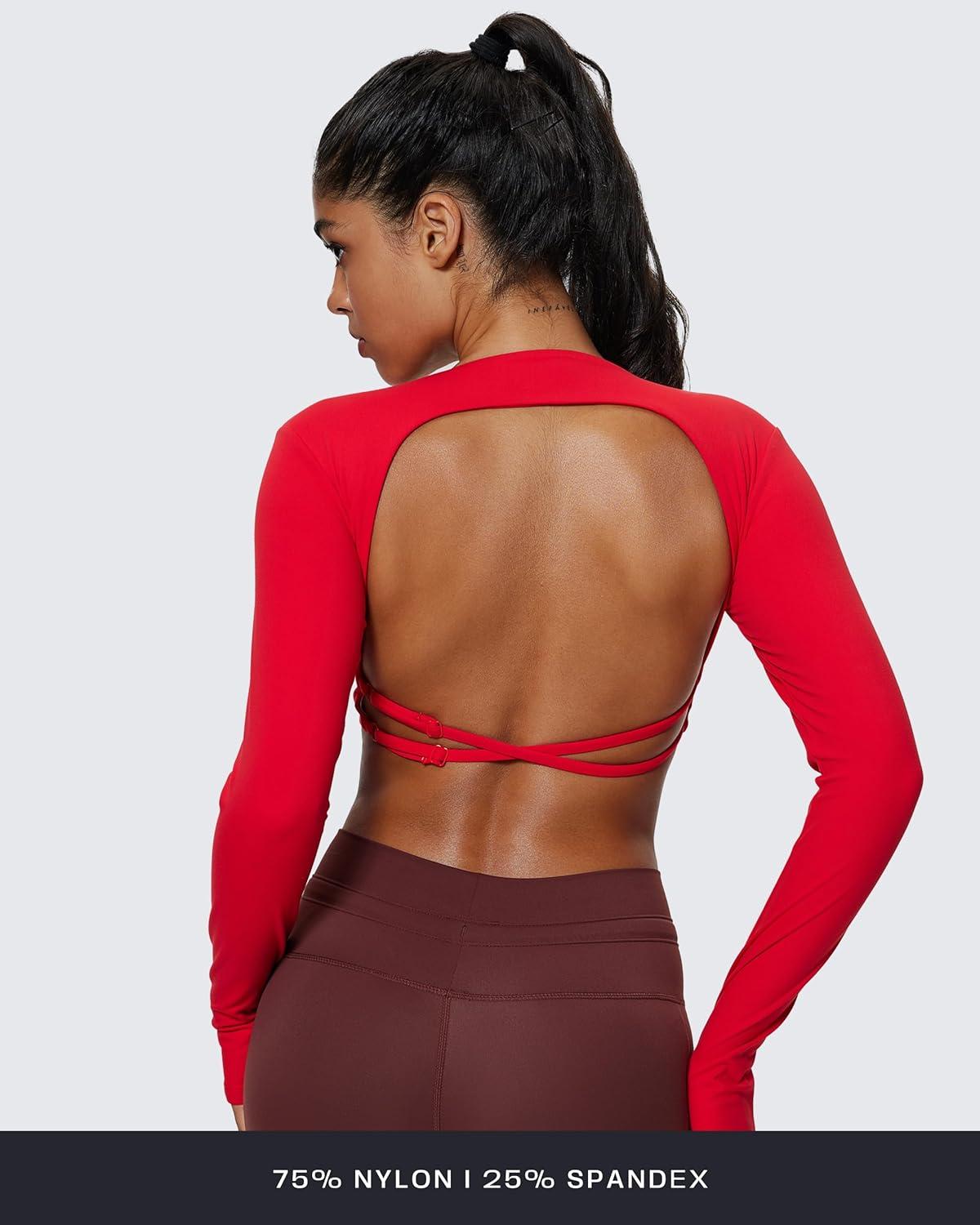 imageAoxjox Long Sleeve Deep V Crop Tops for Women Sienna Open Back Thumb Hole Workout Cropped T Shirt TopRacing Red