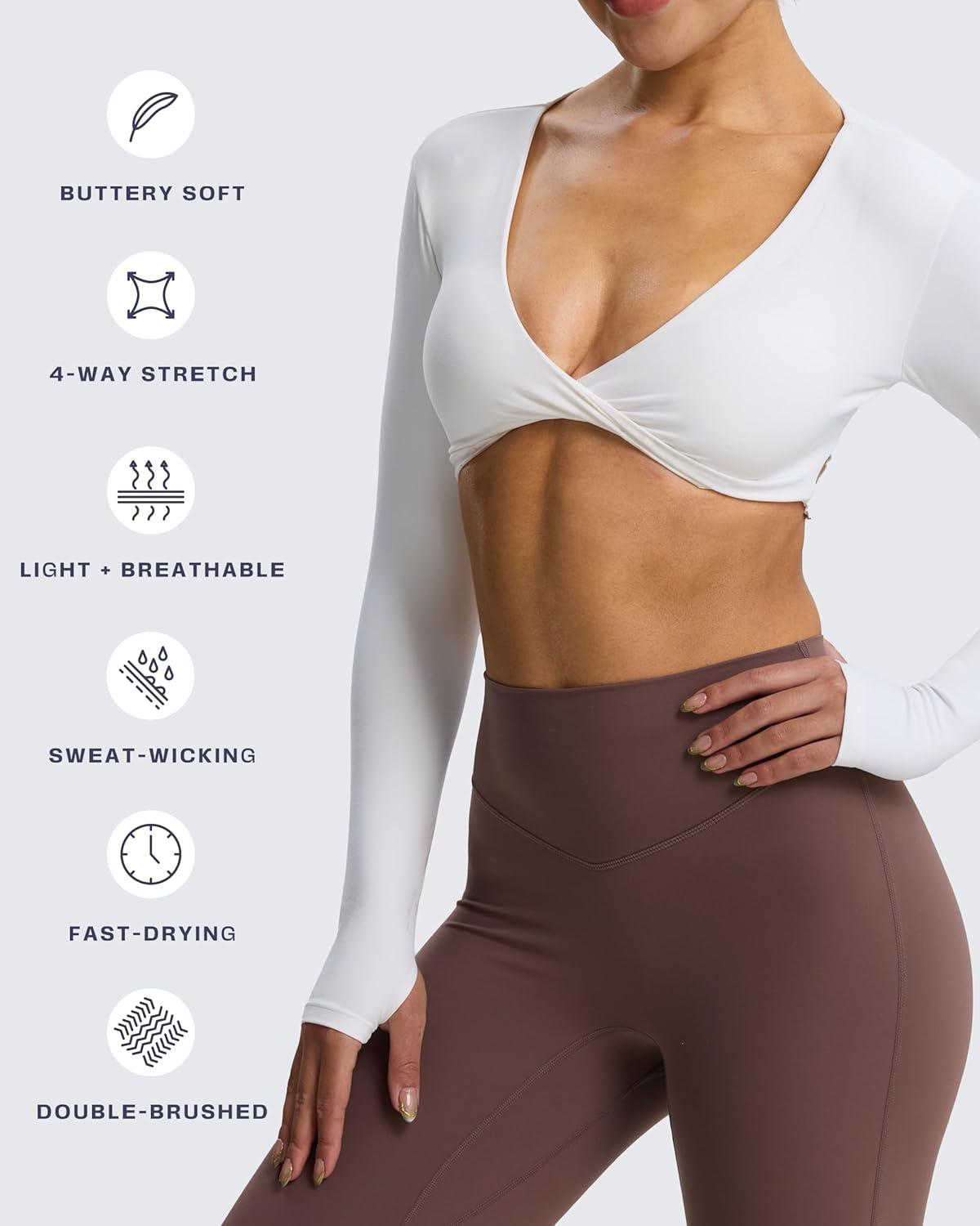 imageAoxjox Long Sleeve Deep V Crop Tops for Women Sienna Open Back Thumb Hole Workout Cropped T Shirt TopWhite