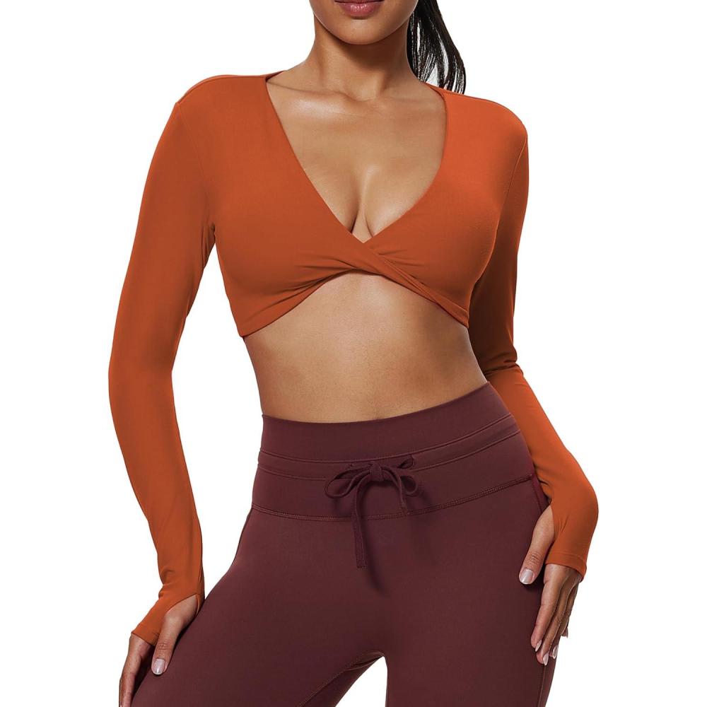 imageAoxjox Long Sleeve Deep V Crop Tops for Women Sienna Open Back Thumb Hole Workout Cropped T Shirt TopEarthy Brown