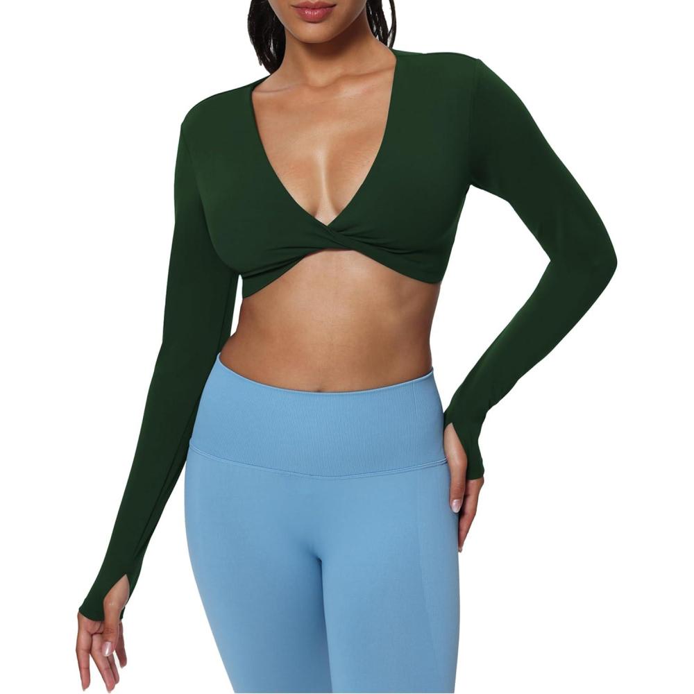 imageAoxjox Long Sleeve Deep V Crop Tops for Women Sienna Open Back Thumb Hole Workout Cropped T Shirt TopForest Green