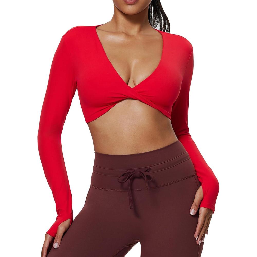 imageAoxjox Long Sleeve Deep V Crop Tops for Women Sienna Open Back Thumb Hole Workout Cropped T Shirt TopRacing Red