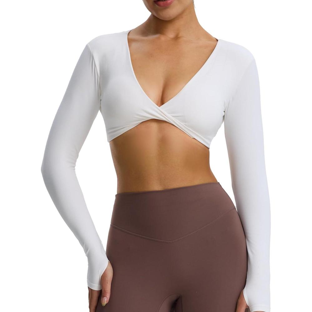 imageAoxjox Long Sleeve Deep V Crop Tops for Women Sienna Open Back Thumb Hole Workout Cropped T Shirt TopWhite