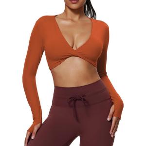 imageAoxjox Long Sleeve Deep V Crop Tops for Women Sienna Open Back Thumb Hole Workout Cropped T Shirt TopEarthy Brown
