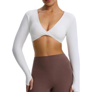 imageAoxjox Long Sleeve Deep V Crop Tops for Women Sienna Open Back Thumb Hole Workout Cropped T Shirt TopWhite
