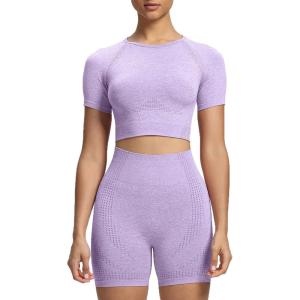 imageAoxjox Womens Workout Vital Short Sleeve Seamless Crop Top Yoga Gym Sport Shirts T ShirtB Lilac Marl Crop Tops