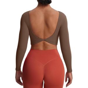 imageAoxjox Long Sleeve Crop Tops for Women Emma Twist Back Workout Cropped T Shirt TopFudge Coffee