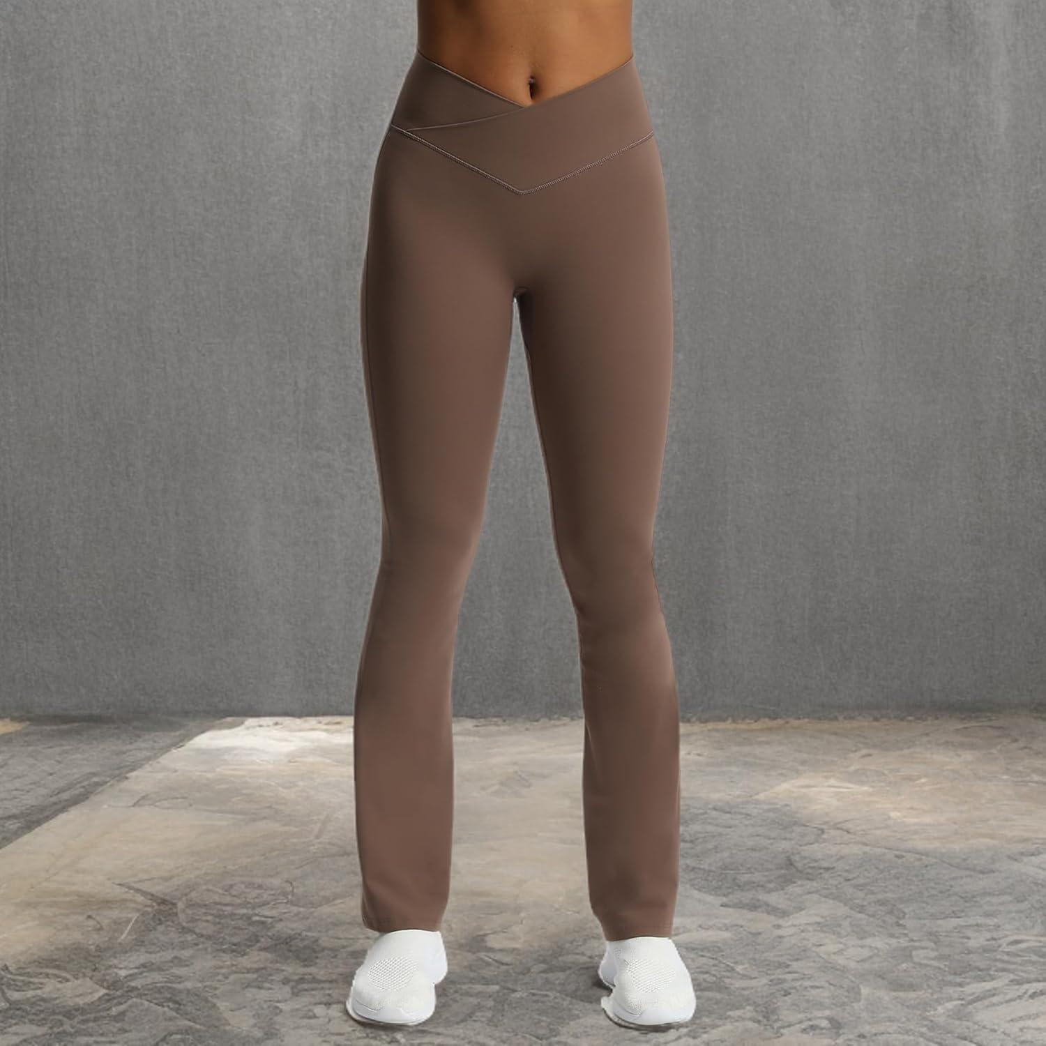 imageAoxjox Flare Leggings for Women Trinity Tummy Control High Waisted Wide Leg Crosswaist Yoga Pants 29quot31quot33quotA Fudge Coffee