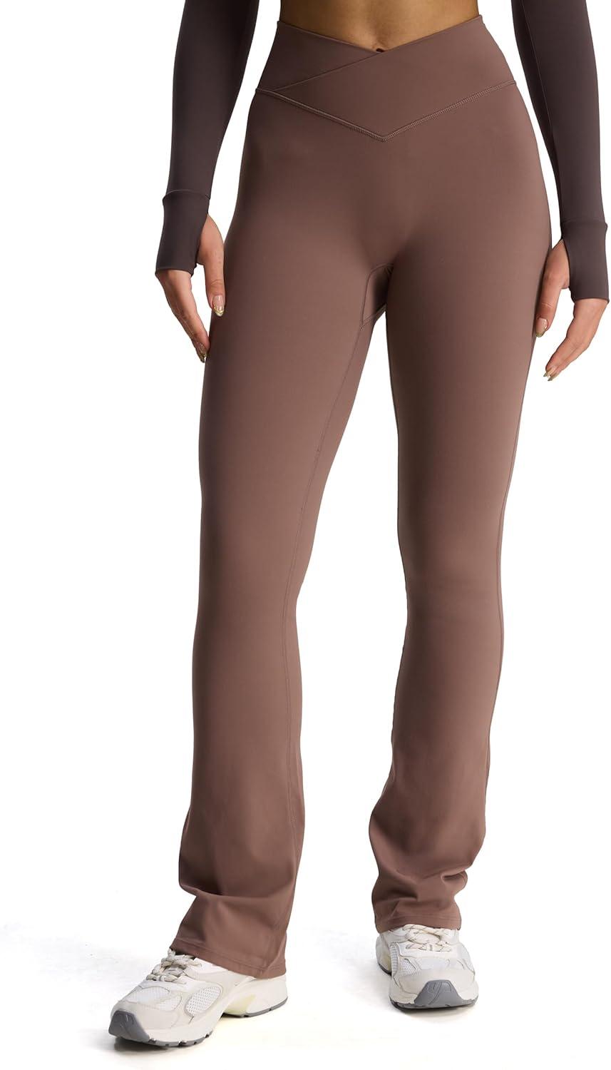 imageAoxjox Flare Leggings for Women Trinity Tummy Control High Waisted Wide Leg Crosswaist Yoga Pants 29quot31quot33quotA Fudge Coffee