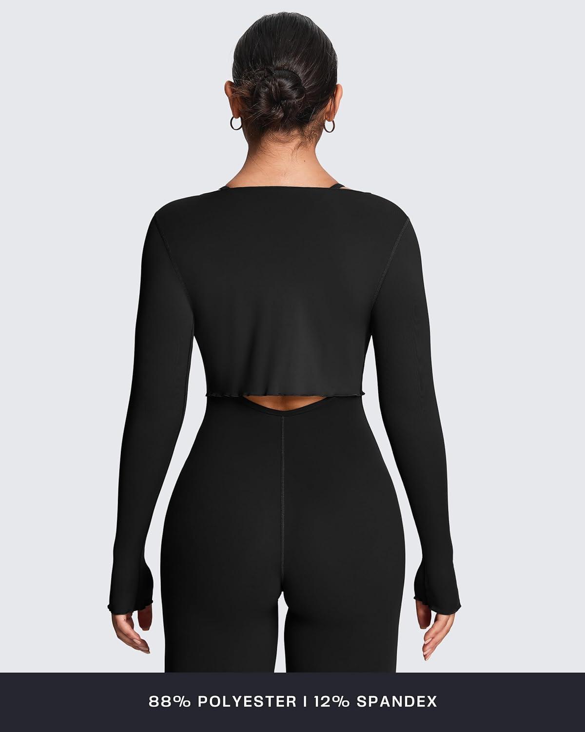 imageAoxjox Womens Athlenza Tie Front Wrap Tops Long Sleeve Shrug Crop Top Ballet Yoga Workout CardiganBlack