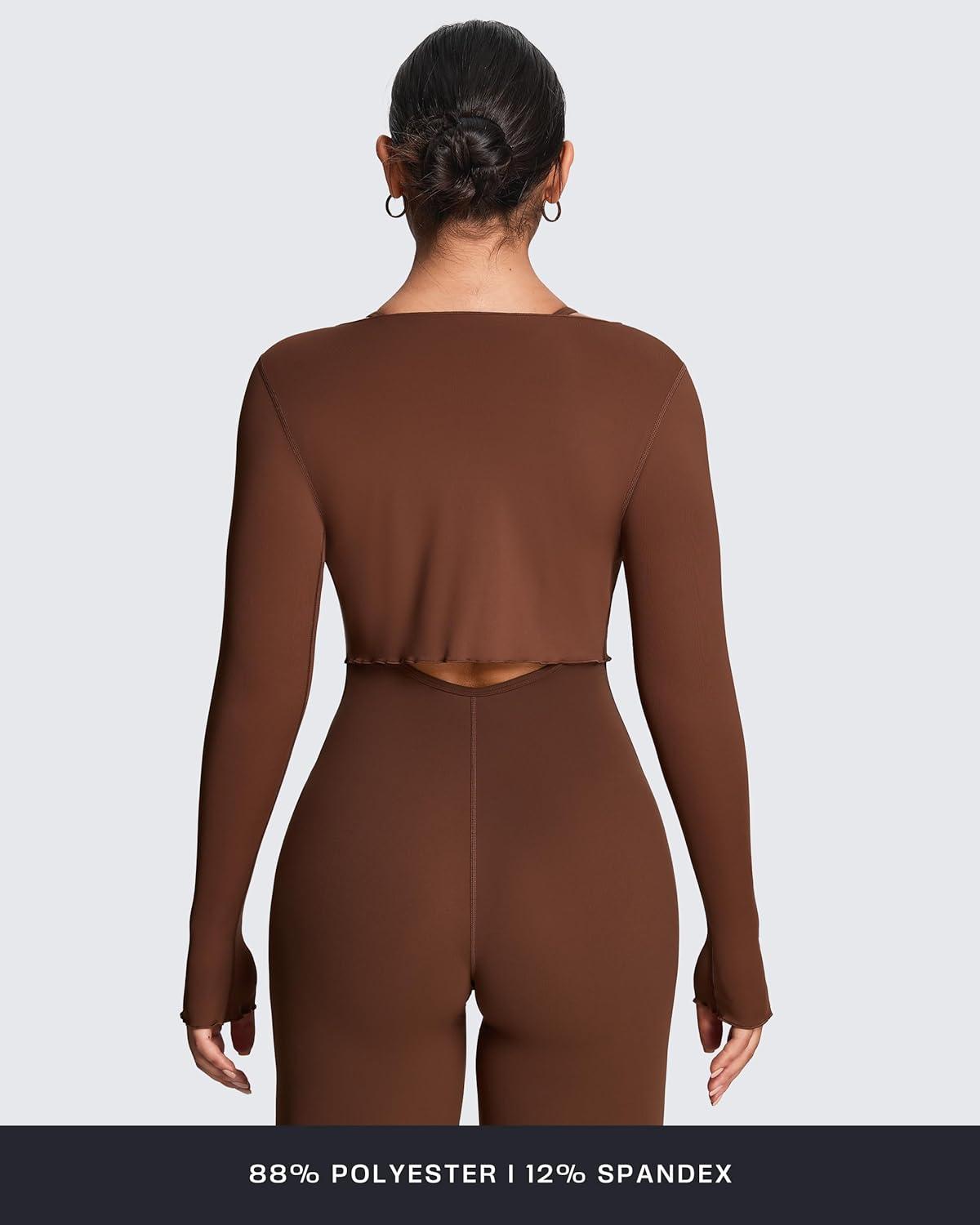 imageAoxjox Womens Athlenza Tie Front Wrap Tops Long Sleeve Shrug Crop Top Ballet Yoga Workout CardiganBrown