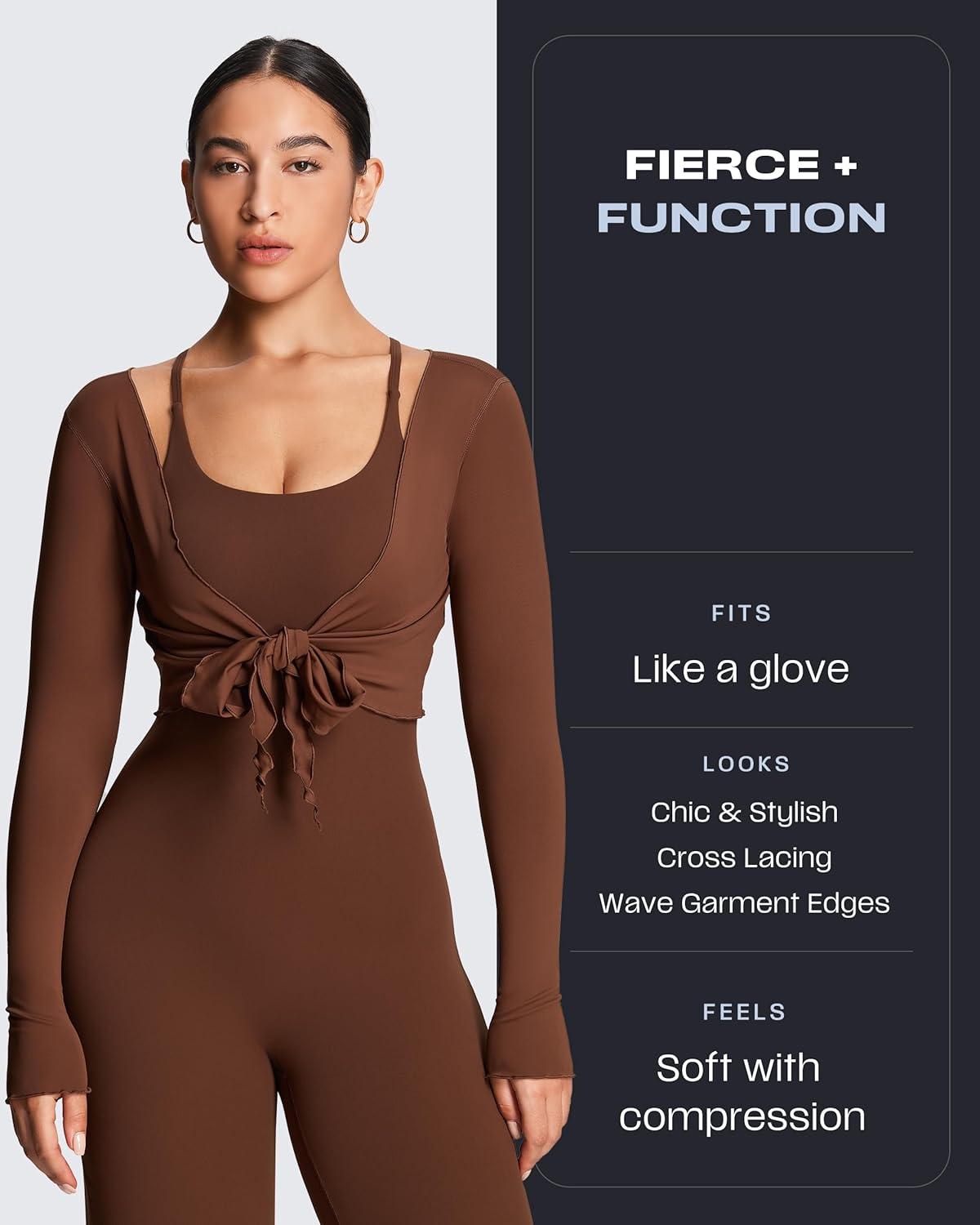 imageAoxjox Womens Athlenza Tie Front Wrap Tops Long Sleeve Shrug Crop Top Ballet Yoga Workout CardiganBrown