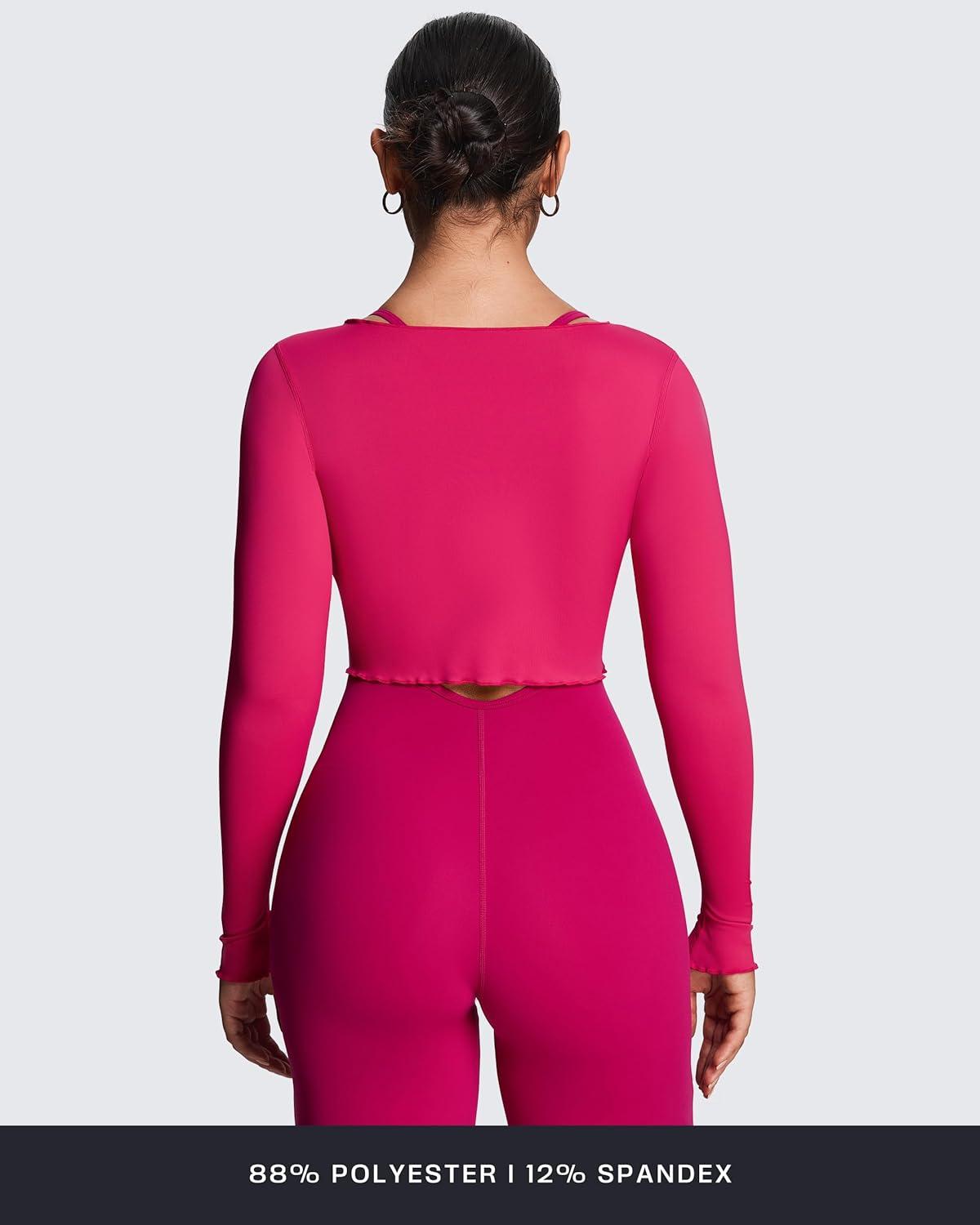 imageAoxjox Womens Athlenza Tie Front Wrap Tops Long Sleeve Shrug Crop Top Ballet Yoga Workout CardiganFuchsia