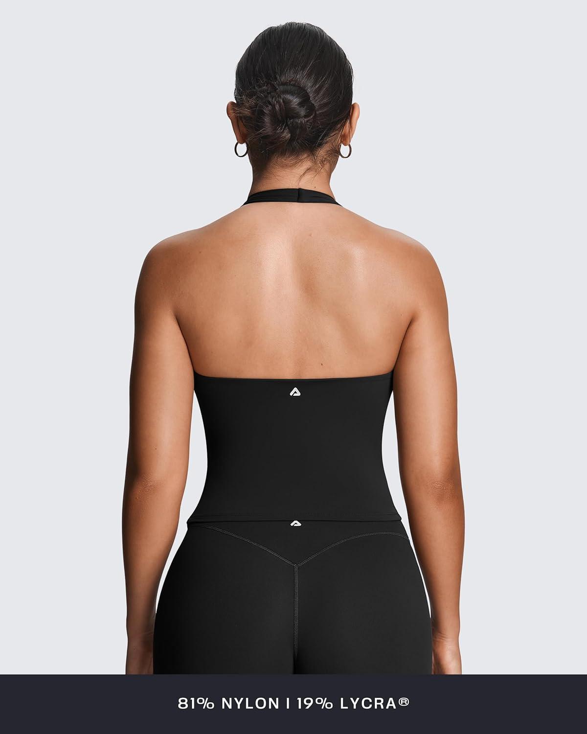 imageAoxjox Womens Sleeveless Athlenza Halter Tank Tops Workout Athletics Lumastretch Yoga Curve Longline Crop TopBlack