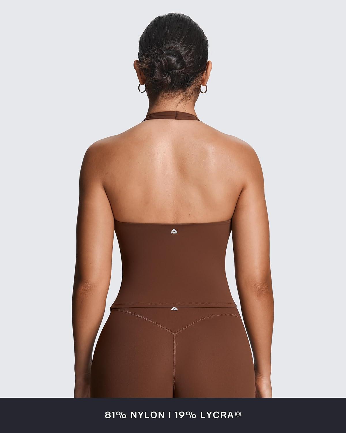 imageAoxjox Womens Sleeveless Athlenza Halter Tank Tops Workout Athletics Lumastretch Yoga Curve Longline Crop TopBrown