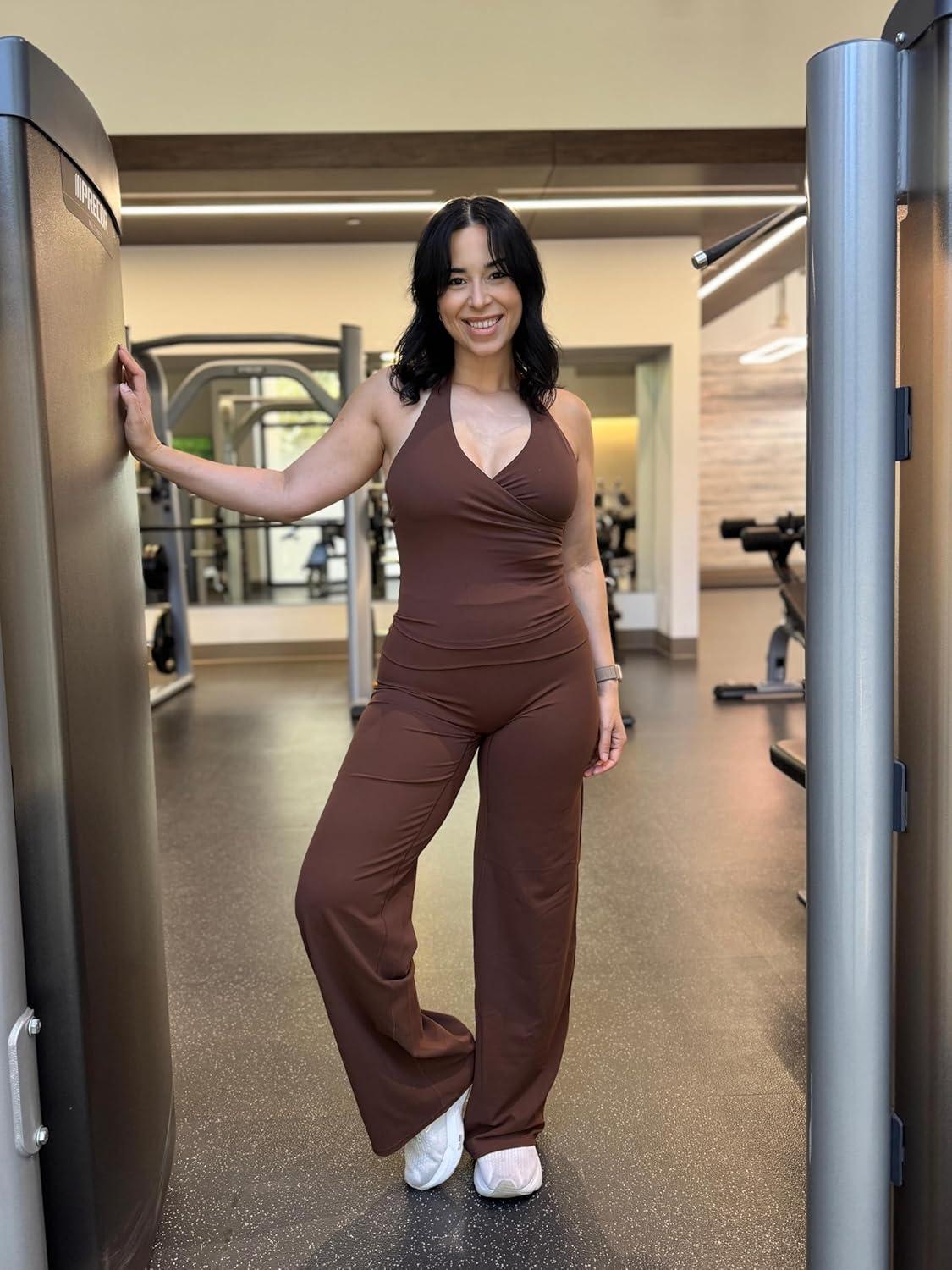 imageAoxjox Womens Sleeveless Athlenza Halter Tank Tops Workout Athletics Lumastretch Yoga Curve Longline Crop TopBrown