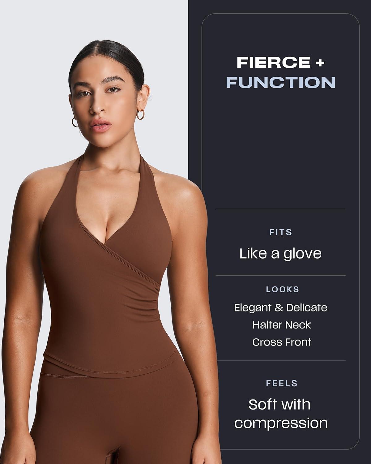 imageAoxjox Womens Sleeveless Athlenza Halter Tank Tops Workout Athletics Lumastretch Yoga Curve Longline Crop TopBrown