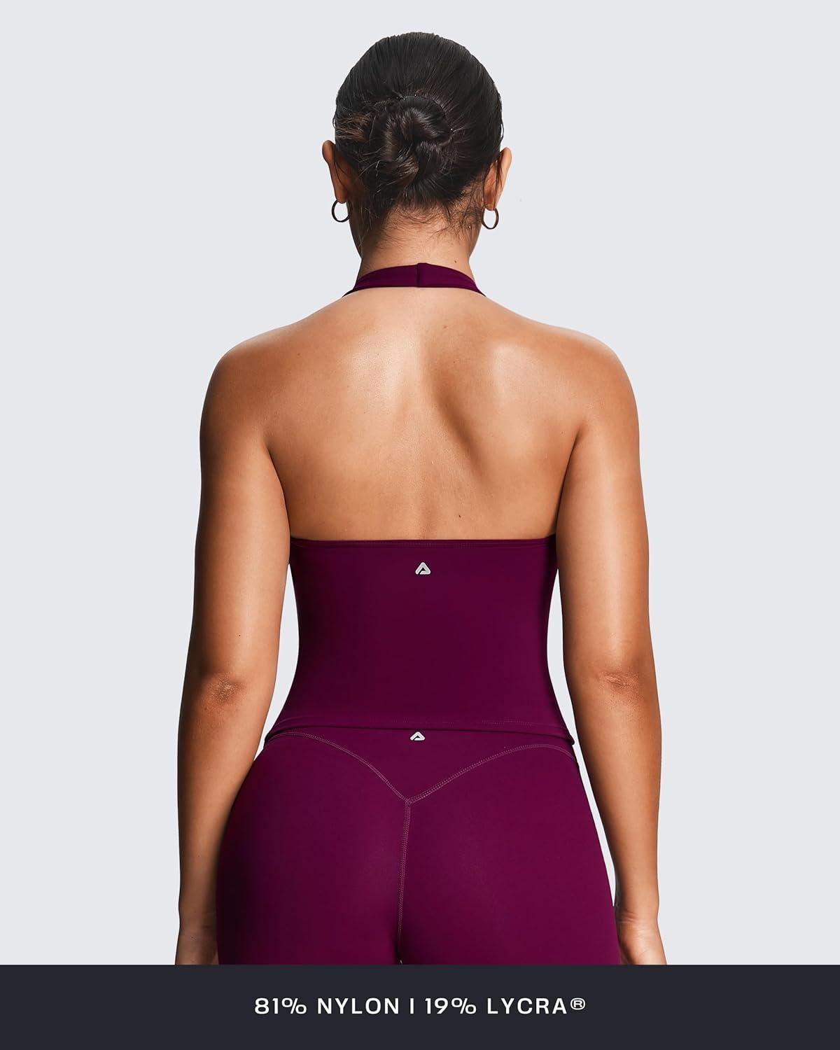imageAoxjox Womens Sleeveless Athlenza Halter Tank Tops Workout Athletics Lumastretch Yoga Curve Longline Crop TopBurgundy
