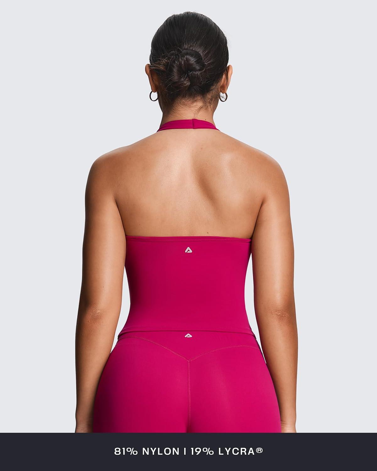 imageAoxjox Womens Sleeveless Athlenza Halter Tank Tops Workout Athletics Lumastretch Yoga Curve Longline Crop TopFuchsia
