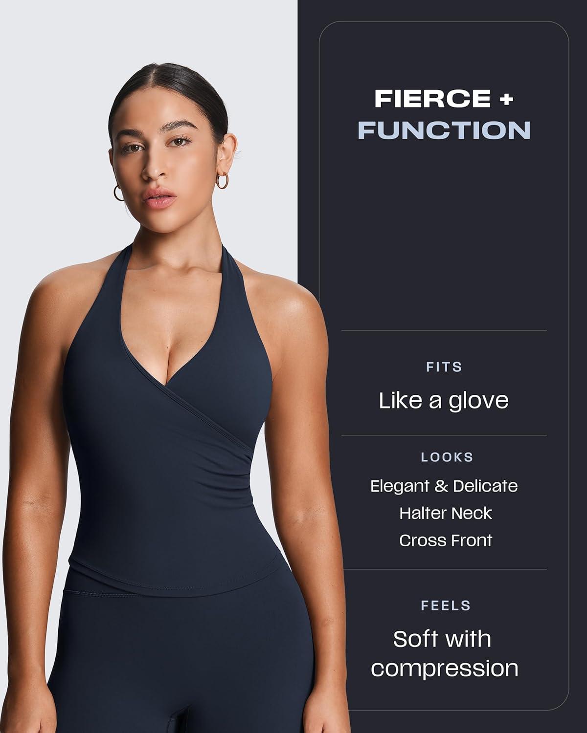 imageAoxjox Womens Sleeveless Athlenza Halter Tank Tops Workout Athletics Lumastretch Yoga Curve Longline Crop TopNavy