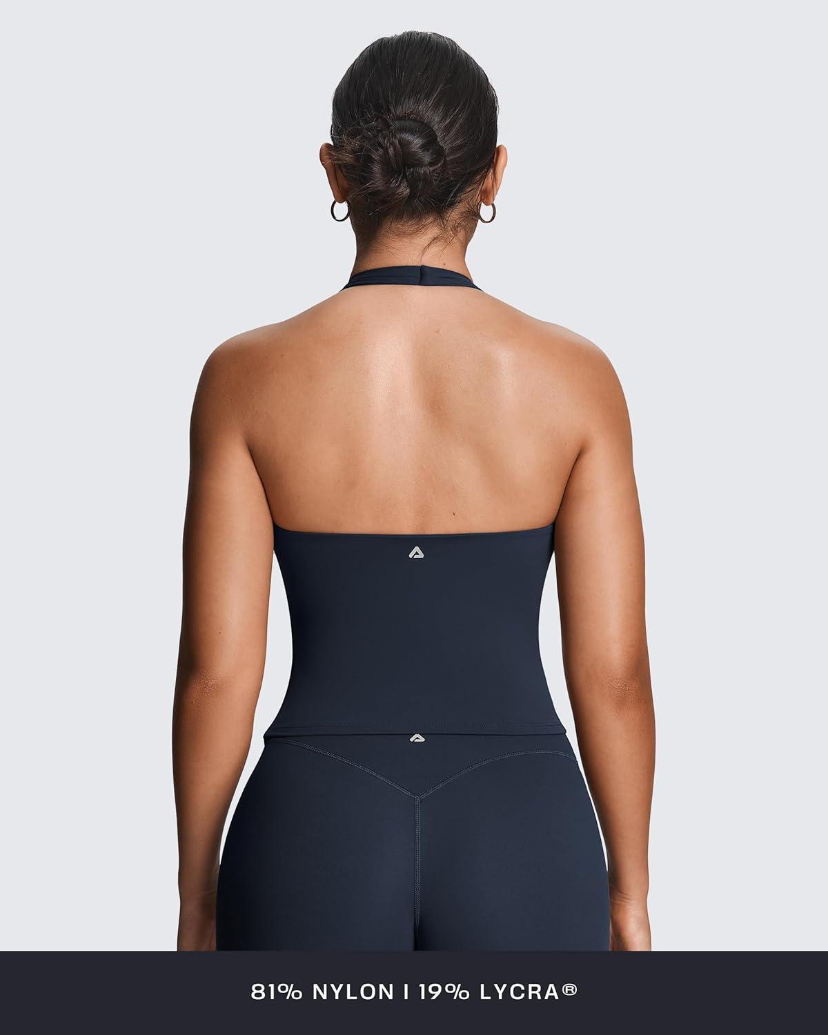 imageAoxjox Womens Sleeveless Athlenza Halter Tank Tops Workout Athletics Lumastretch Yoga Curve Longline Crop TopNavy