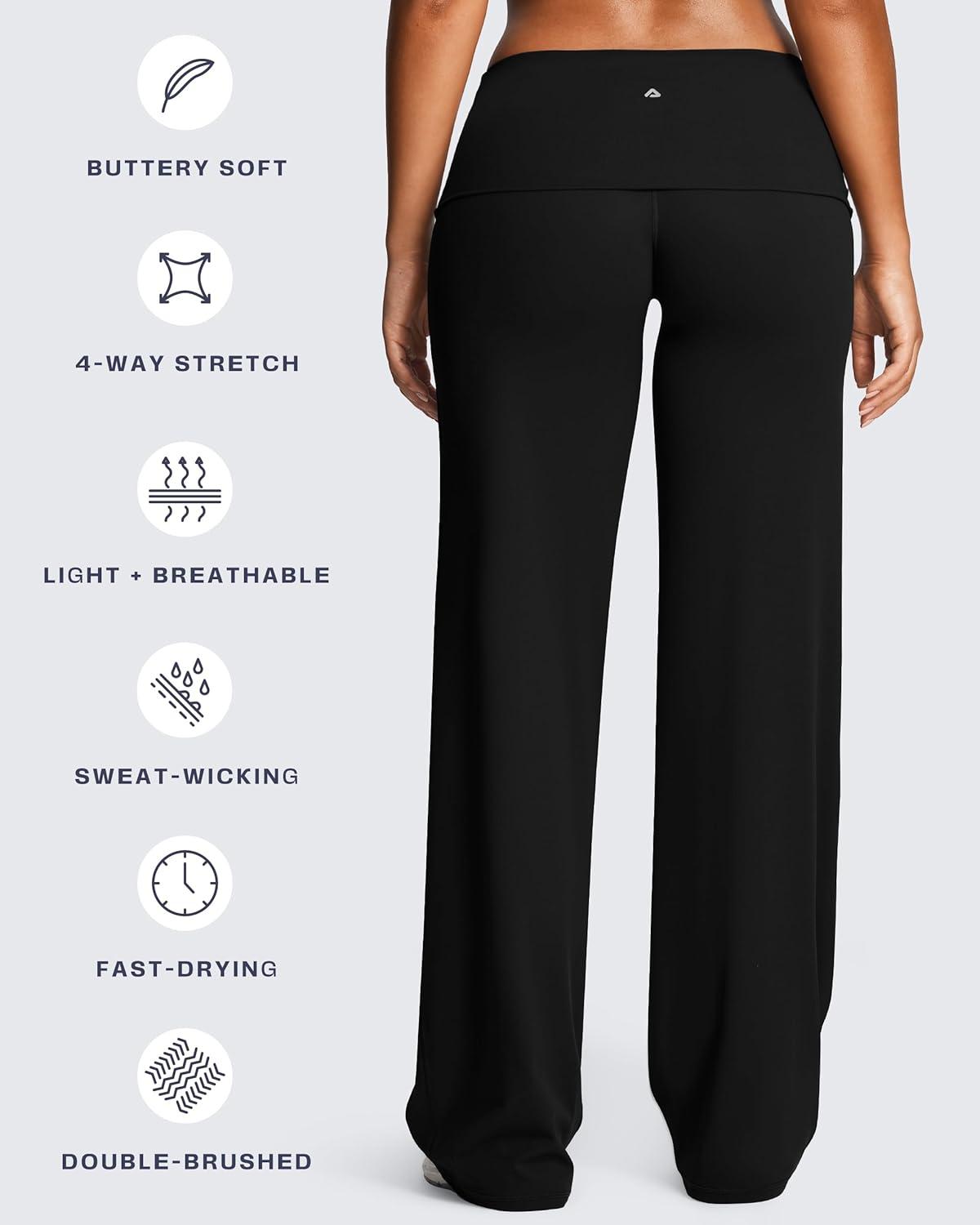 imageAoxjox Womens Workout Fold Over Waist Straight Leg Bottoms Lumastretch Gym Yoga Pants 31quot33quot35quotBlack