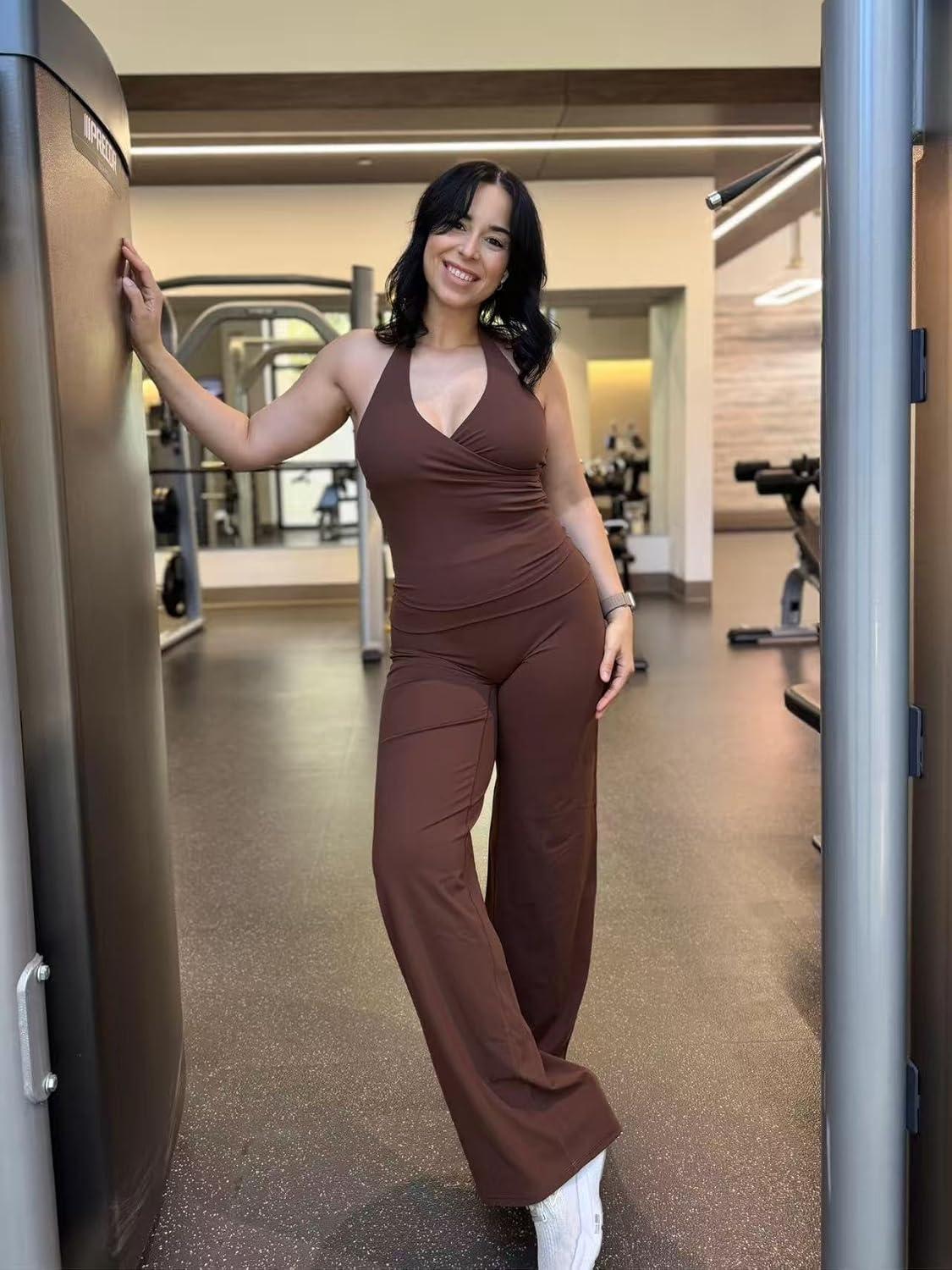 imageAoxjox Womens Workout Fold Over Waist Straight Leg Bottoms Lumastretch Gym Yoga Pants 31quot33quot35quotBrown