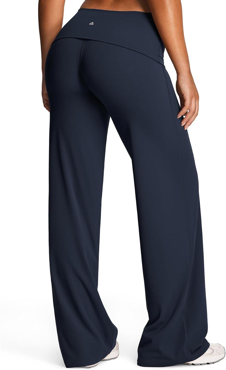 imageAoxjox Womens Workout Fold Over Waist Straight Leg Bottoms Lumastretch Gym Yoga Pants 31quot33quot35quotNavy