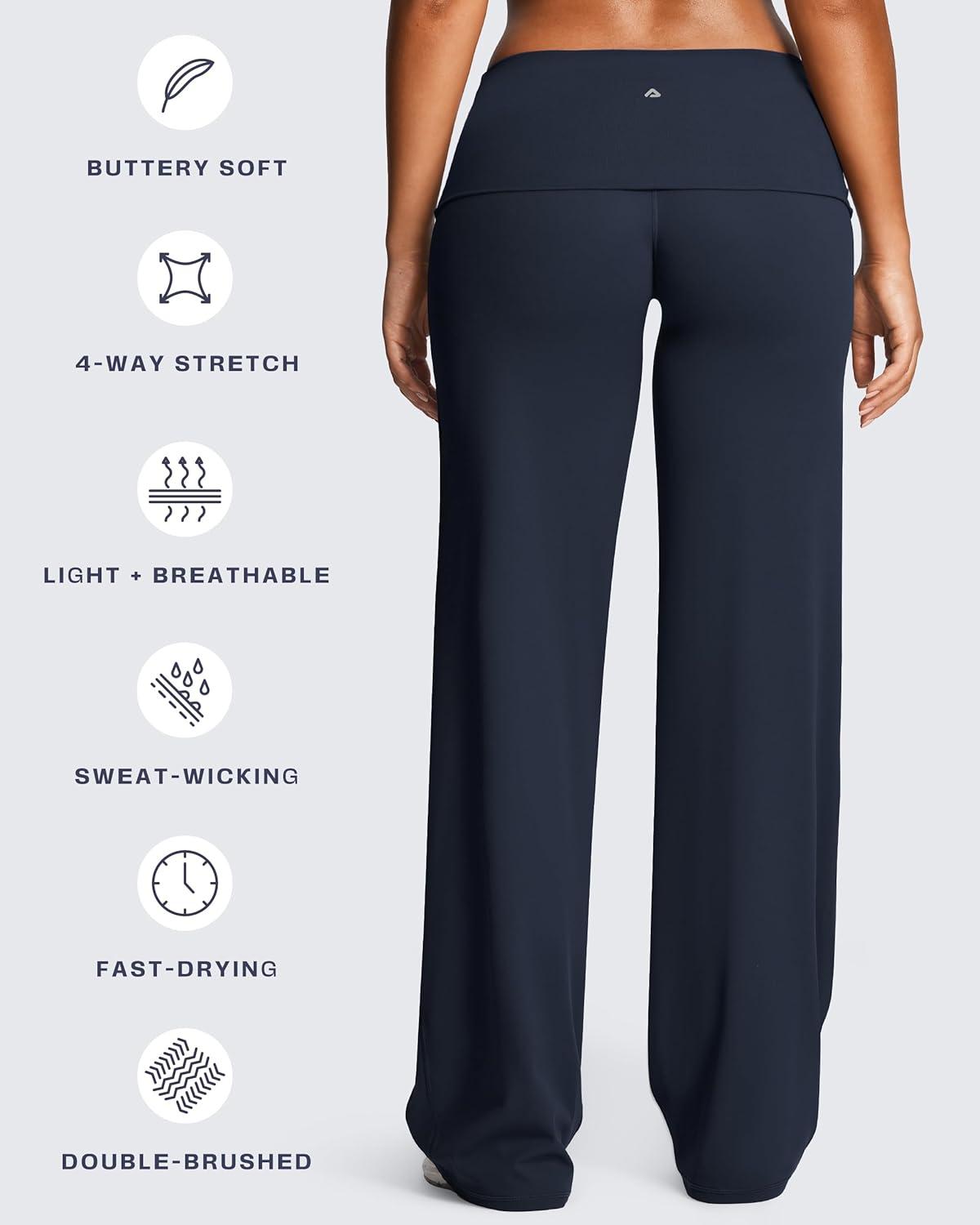 imageAoxjox Womens Workout Fold Over Waist Straight Leg Bottoms Lumastretch Gym Yoga Pants 31quot33quot35quotNavy