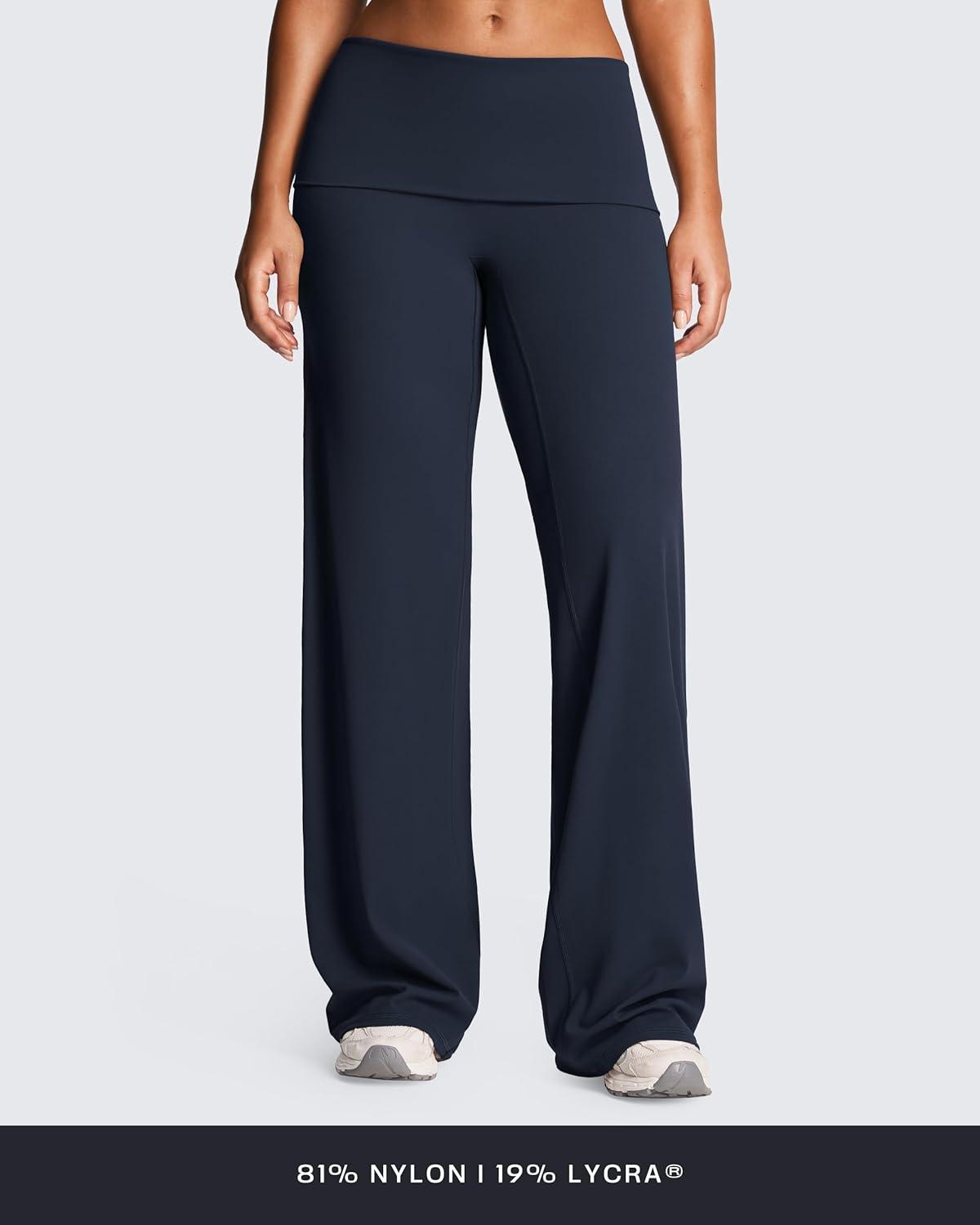 imageAoxjox Womens Workout Fold Over Waist Straight Leg Bottoms Lumastretch Gym Yoga Pants 31quot33quot35quotNavy