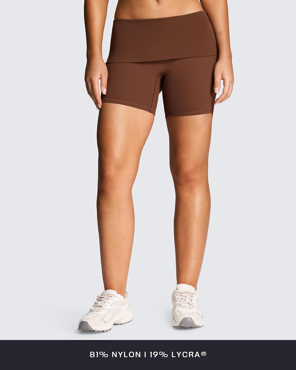 imageAoxjox Womens Workout Fold Over Yoga Shorts Folded Waistband Lumastretch Athletic Yoga Short 6quotBrown