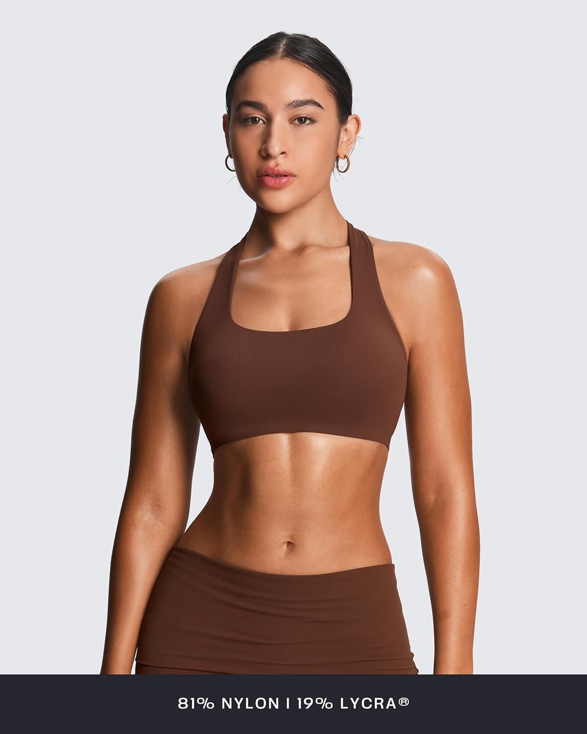 imageAoxjox Womens Workout Sports Bras Fitness Training Gym Athlenza TBack Bra Lumastretch Yoga Crop TankBrown