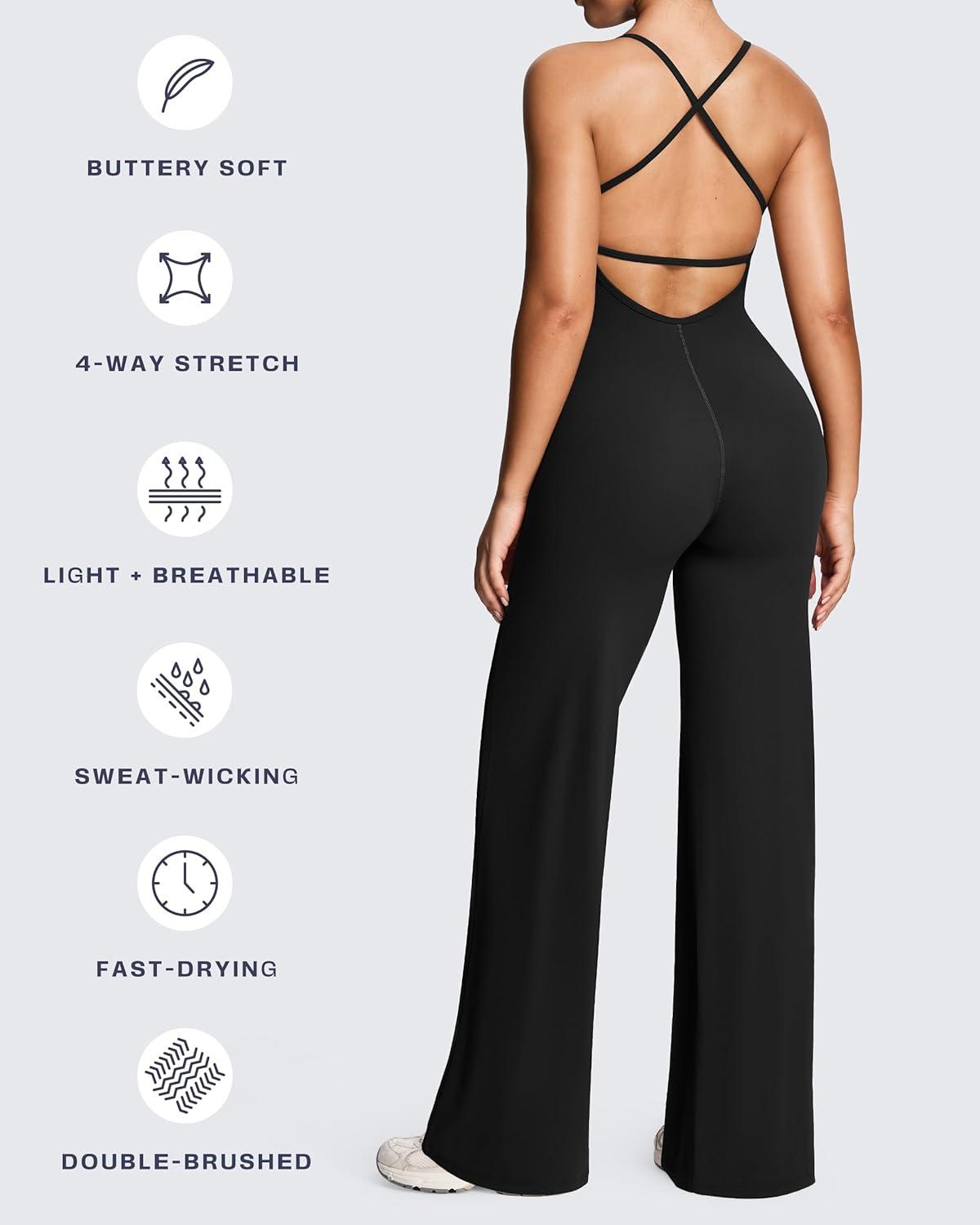 imageAoxjox Workout Athlenza Jumpsuit for Women Straight Leg Cross Back One Piece Lumastretch Gym Yoga Sports Bras JumpsuitsBlack