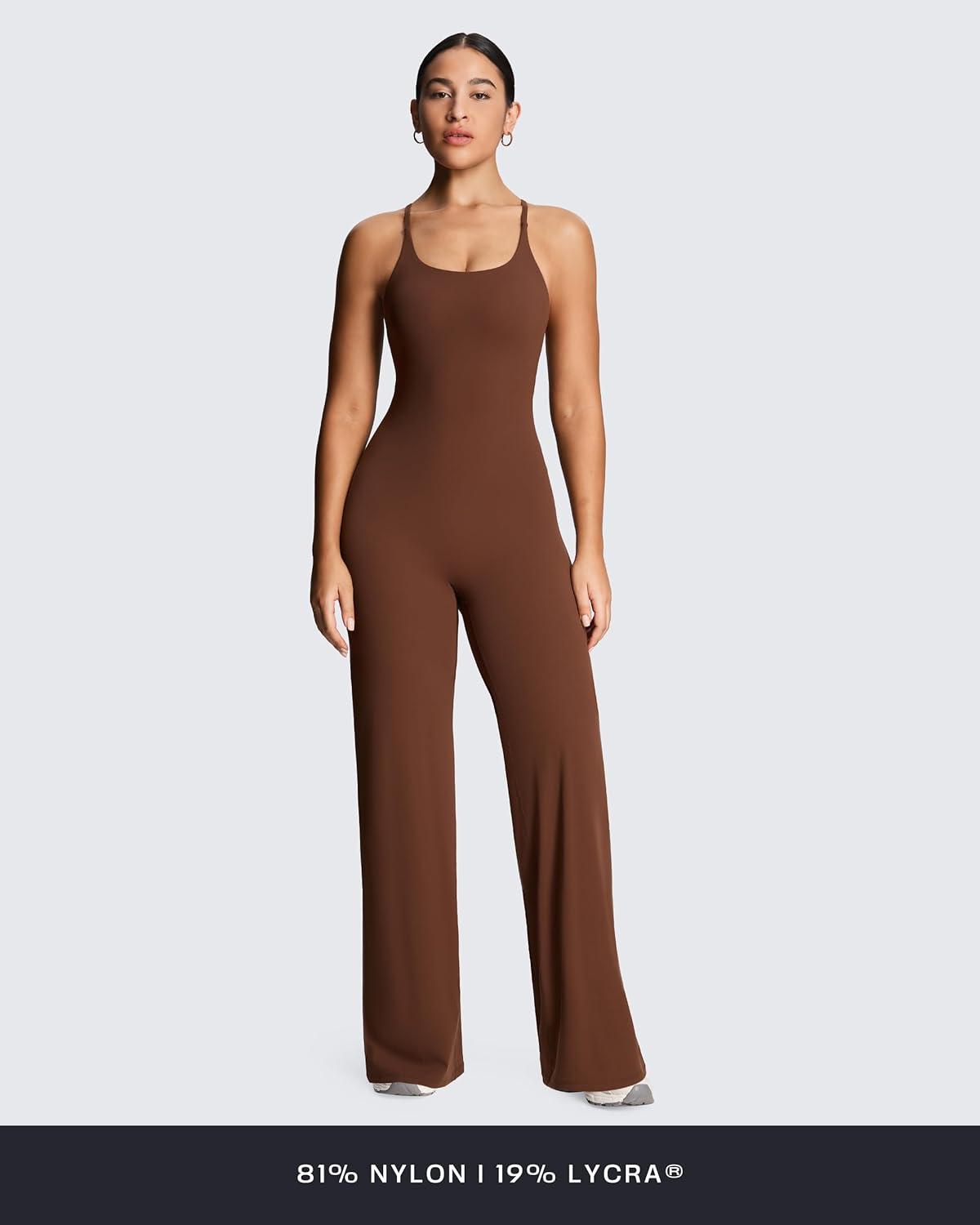 imageAoxjox Workout Athlenza Jumpsuit for Women Straight Leg Cross Back One Piece Lumastretch Gym Yoga Sports Bras JumpsuitsBrown