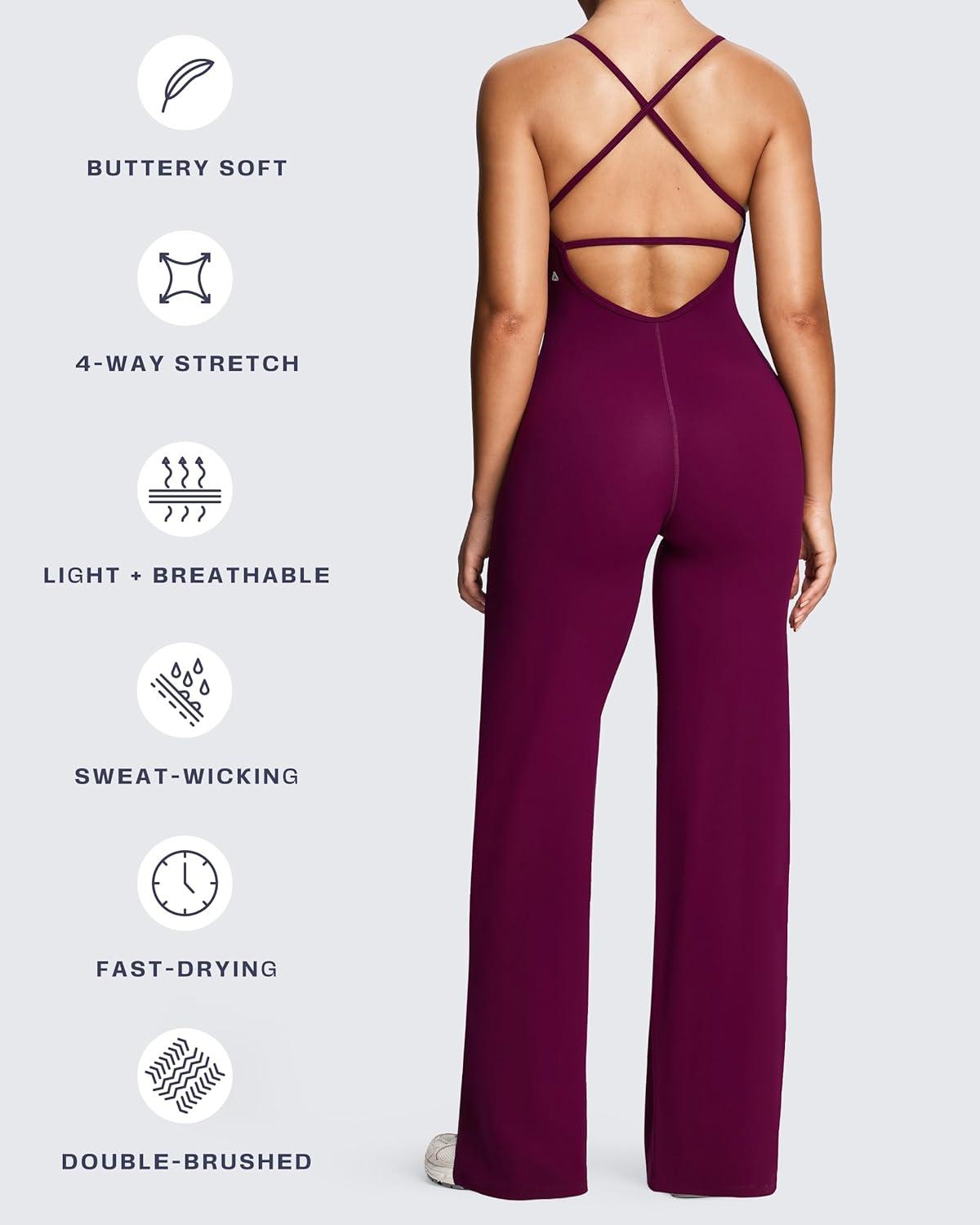 imageAoxjox Workout Athlenza Jumpsuit for Women Straight Leg Cross Back One Piece Lumastretch Gym Yoga Sports Bras JumpsuitsBurgundy
