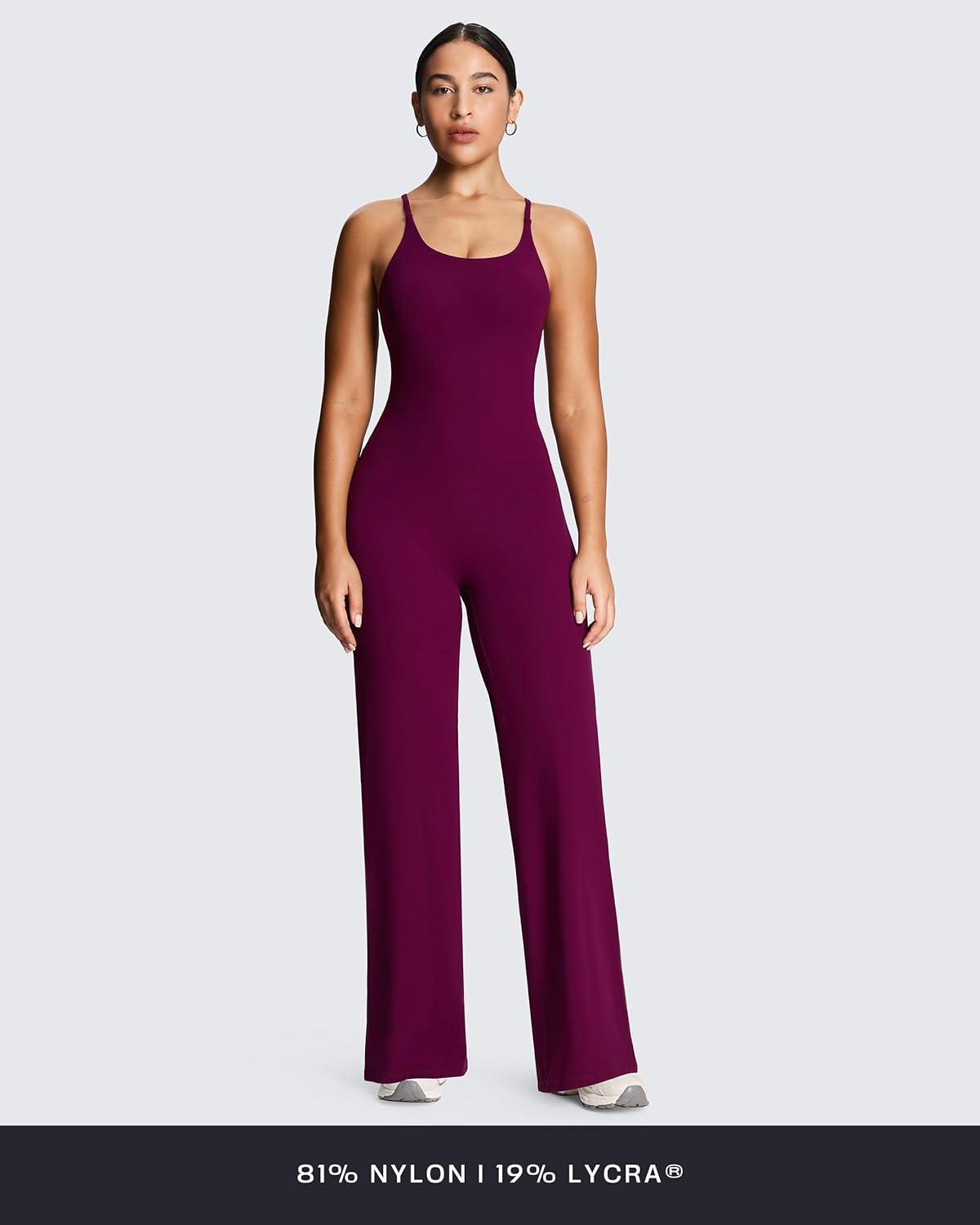 imageAoxjox Workout Athlenza Jumpsuit for Women Straight Leg Cross Back One Piece Lumastretch Gym Yoga Sports Bras JumpsuitsBurgundy